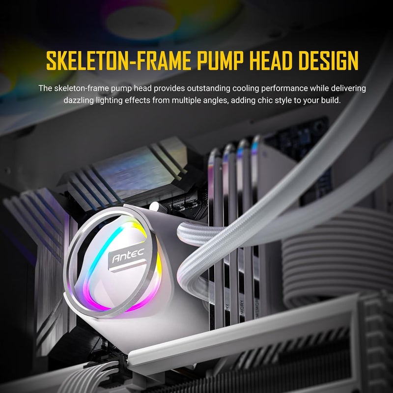 ANTEC Skeleton 360 ARGB White Liquid CPU Cooler, 360mm Radiator, High-Performance Pump, 3 x 120mm PWM ARGB Fans, Copper Base, Intel LGA 115X/1200/1700/20XX, AMD AM4/AM5, White - Image 2